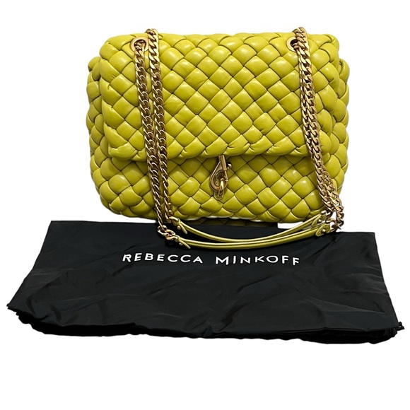 REBECCA MINKOFF Woven Leather Edie Flap Handbag Yellow - Picture 11 of 16